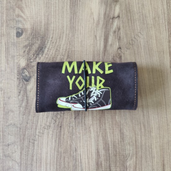 El Yapımı Hakiki Deri Tütün Cüzdanı ve Sarma Kağıdı Bölmeli Özel Baskılı Çok Amaçlı Cüzdan/Kese