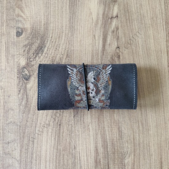 El Yapımı Hakiki Deri Tütün Cüzdanı ve Sarma Kağıdı Bölmeli Özel Baskılı Çok Amaçlı Cüzdan/Kese